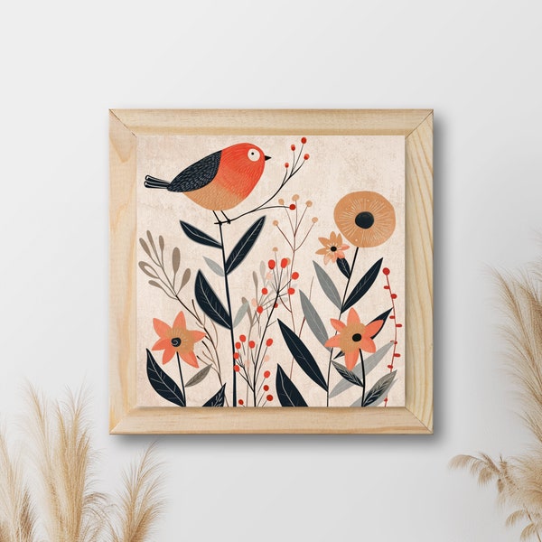 Boho Art Illustration, Birds Floral Theme, Canvas Giclee Print, Oil Acrylic Painting Poster, Wall Decor Artwork 0075