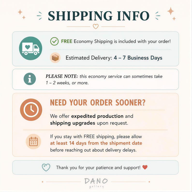 The image is a shipping information graphic that includes icons for economy shipping, estimated delivery, and a note about the shipping service. It also provides instructions for needing an order soon and mentions that free shipping is available for staying with the service. The image does not contain any text that can be described in more detail, and it does not include any specific details about the content or context of the image.