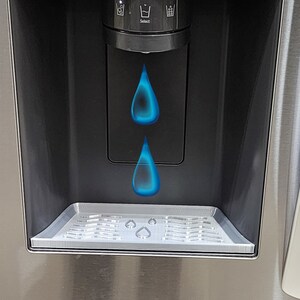 May include: A stainless steel refrigerator with a water dispenser and ice maker. The dispenser has a blue light that indicates the water is cold. The refrigerator has a ThinQ logo and a Smart Inverter logo.