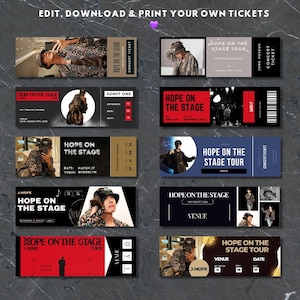 BTS Hobi J-Hope Konzertkarten zum Ausdrucken – On the Stage Tour | 10 einzigartige Designs mit personalisierten Angaben zu Veranstaltungsort, Datum und Sitzplatz