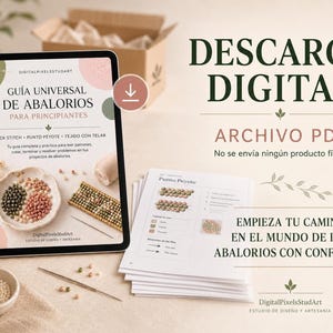 Anuncio de descarga digital en PDF que muestra la portada de la guía de abalorios y páginas impresas.