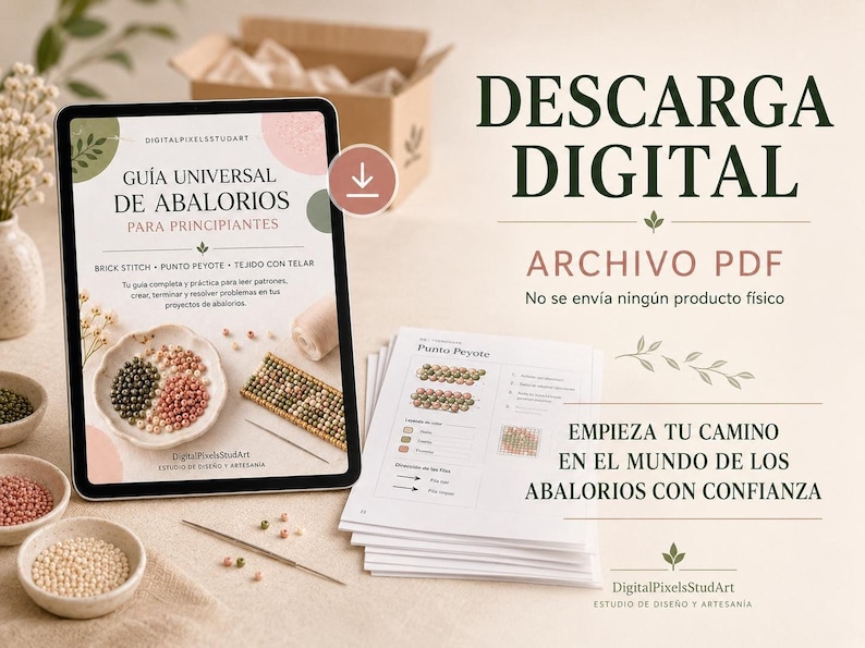 Anuncio de descarga digital en PDF que muestra la portada de la guía de abalorios y páginas impresas.