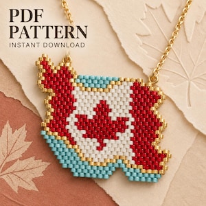 May include: A beaded pendant necklace featuring a map of Canada design in red, white, and light blue beads with a gold chain. The text PDF PATTERN INSTANT DOWNLOAD is visible in the upper left corner of the image, indicating a digital file.