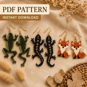 Animal Bead Pattern PDF, Brick Stitch Lizard and Fox Earring Tutorial