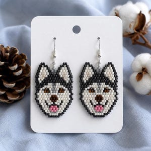Pet Lover Jewelry Husky Earrings Brick Stitch Pattern PDF | Miyuki Delica Bead Tutorial