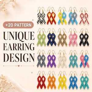 May include: A collection of twenty pairs of beaded ribbon-shaped earrings in various solid colors and patterns, featuring gold-tone hooks. The text +20 PATTERN UNIQUE EARRING DESIGN is displayed on the left side of the image alongside the jewelry.