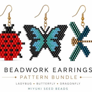 May include: Three beaded earrings: a red and black ladybird, a blue and black butterfly, and a teal and gold dragonfly. The earrings are made with Miyuki seed beads and have gold-coloured hooks. Text on the image reads "Beadwork Earrings Pattern Bundle".