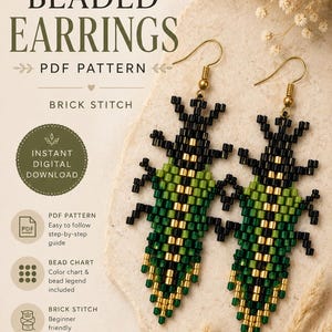 May include: A pair of beaded earrings in a bug-like design, featuring black, green, and gold beads. The earrings are displayed on a neutral surface, with text indicating a PDF pattern for brick stitch earrings. The design is suitable for beginners.