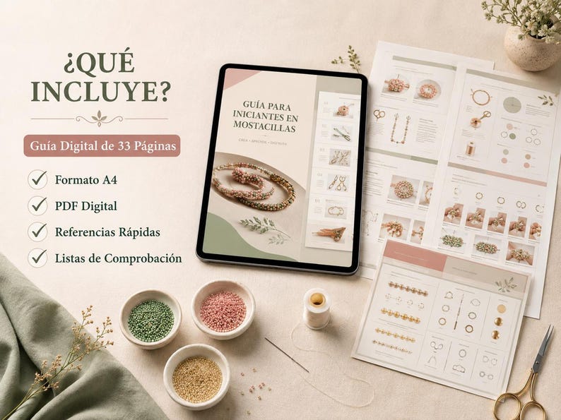Una tableta y papeles impresos muestran el contenido de una guía digital sobre mostacillas junto a cuencos con cuentas.