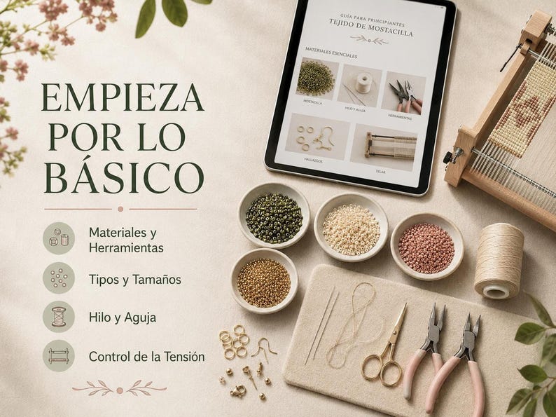 Materiales y herramientas para bisutería como alicates, agujas, hilo y cuencos con mostacillas sobre una mesa.