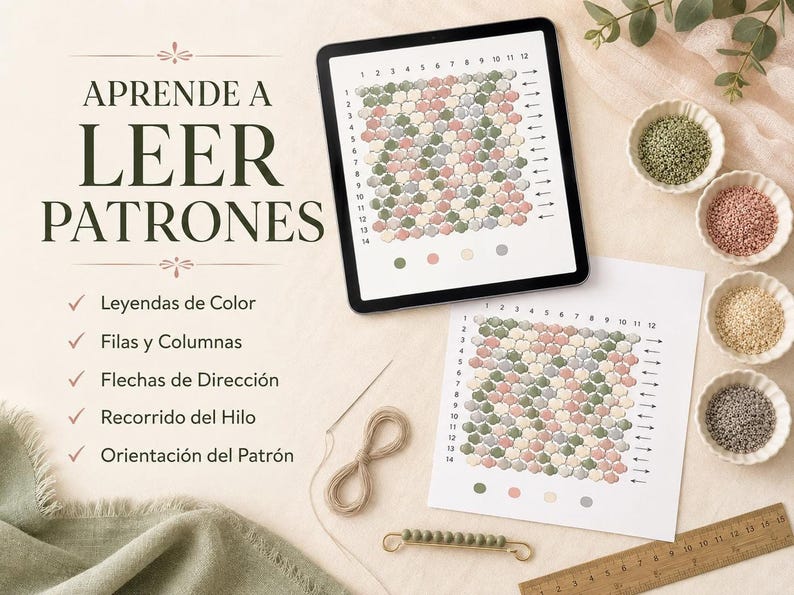 Una tableta digital y hojas impresas muestran patrones de abalorios cuadriculados junto a cuencos de cuentas.