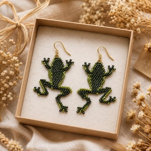 Frog Beaded Earrings Pattern PDF, Brick Stitch Seed Bead Tutorial, Animal Jewelry Digital Download