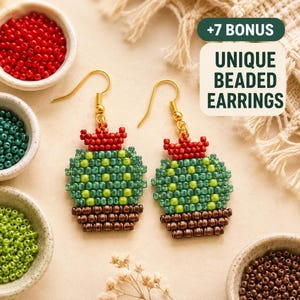 Flowering Cactus PDF Pattern | Beginner Brick Stitch Earring Tutorial