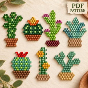 Kaktustopf-Ohrring-Musterpaket (PDF), 7 Pflanzenmotive im Brick-Stitch-Stil