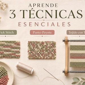 Tres muestras de tejido de abalorios muestran las técnicas de Brick Stitch, punto peyote y tejido en telar.