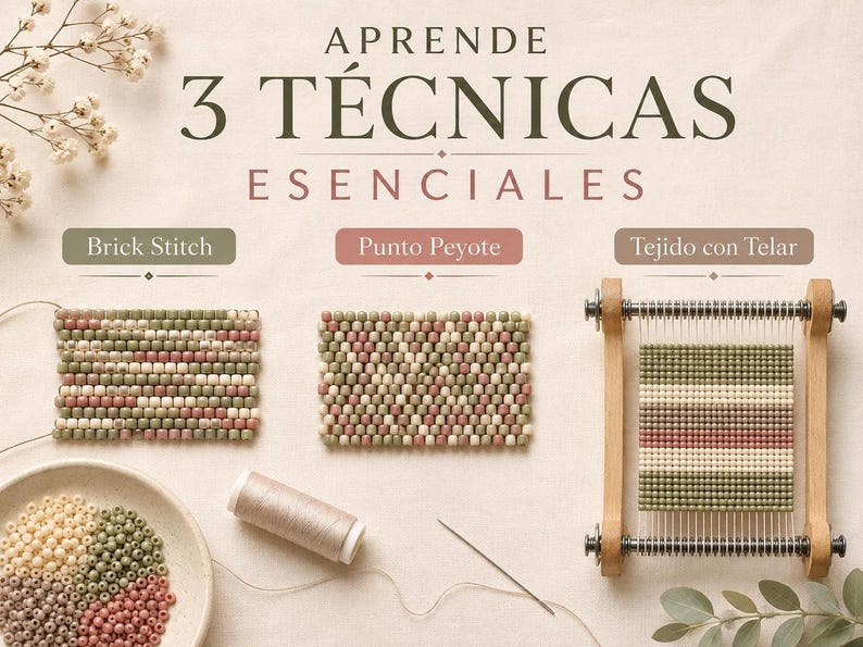Tres muestras de tejido de abalorios muestran las técnicas de Brick Stitch, punto peyote y tejido en telar.