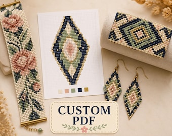 May include: A beaded bracelet with a pink rose pattern, a matching beaded cuff, and diamond-shaped beaded earrings. A printed grid pattern shows the diamond design with a color palette. A label with the text CUSTOM PDF is at the bottom.