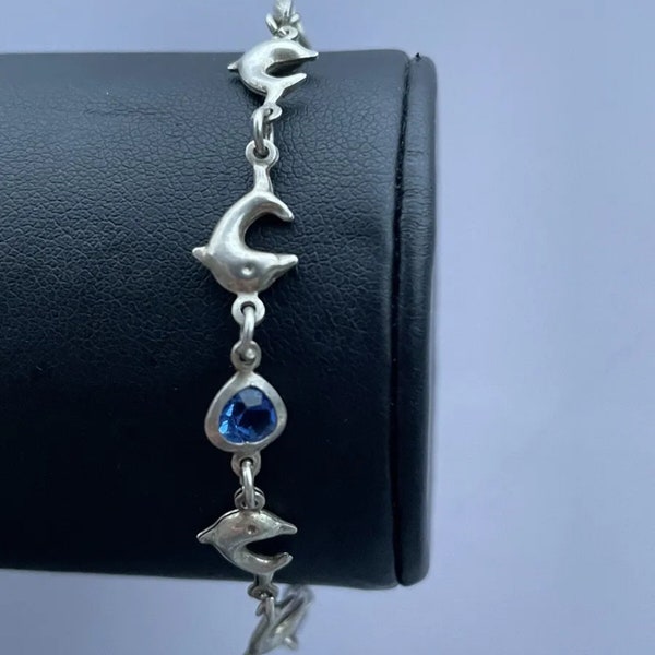 Vintage 925 Sterling Silver Dolphin Bracelet Blue Stone 7”