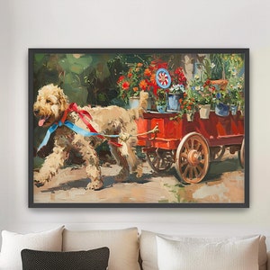 Stampa giclée con ritratto Goldendoodle incorniciato, cucciolo di carro di fiori, belle arti per l'arredamento estivo Boho, regalo per amante dei cani CA299
