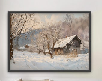 Vintage Moody paisaje cubierto de nieve enmarcado bellas artes pared arte impresión / arte grande / arte abstracto arte moderno de mediados de siglo decoración minimalista