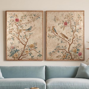 Set med två neutrala chinoiserie-paneler med fåglar och blommor: 2 vintage japanska gobelängväggkonst, asiatisk sidentextilillustration 1204