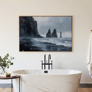 Moody Reynisfjara Paesaggio Pittura a olio, Stampa della costa oceanica dell'Islanda, Opera d'arte del paesaggio marino della spiaggia scura, Decorazione della parete CA653