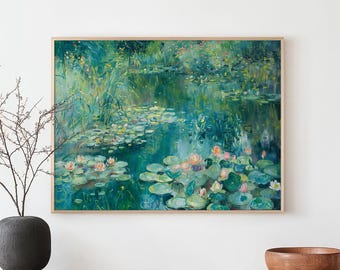 Vintage Lily Pad Pond Oil Painting, Botanical Landscape Art Print, Large Abstract Impressionist Artwork, Sage Green Wall Decor 595