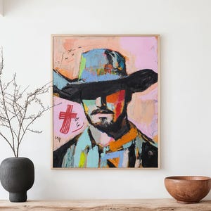 Dipinto a olio su tela raffigurante un cowboy, opera d'arte originale da parete, stampa artistica astratta da rodeo western, decorazione da cowboy in stile ranch californiano, grande opera d'arte da parete in Texas 1143