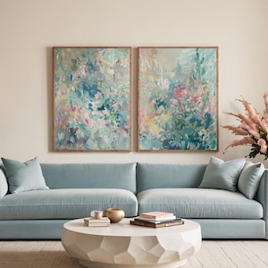 Abstrakte Malerei Bunter Druck Zwei Stück Wandkunst, Abstrakte Ölmalerei, Set von 2 Großdrucken, Galerie-Set, Salbei Grün Rosa Dekor