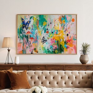 Pittura astratta farfalla, stampa d'arte moderna contemporanea stravagante colorata, poster di graffiti a tecnica mista CA681