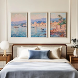 Französische Riviera 3-teilige Wandkunst, Strand Haus Dekor, Tropische Landschaft Küsten Großes Set von drei Drucken, Sommer Triptychon Galerie GA839