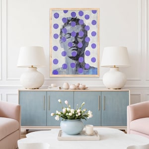 Ritratto maschile moderno Design a pois viola, Stampa pittura a olio astratta, Realismo contemporaneo, Arte Giclée retrò anni '70 CA775