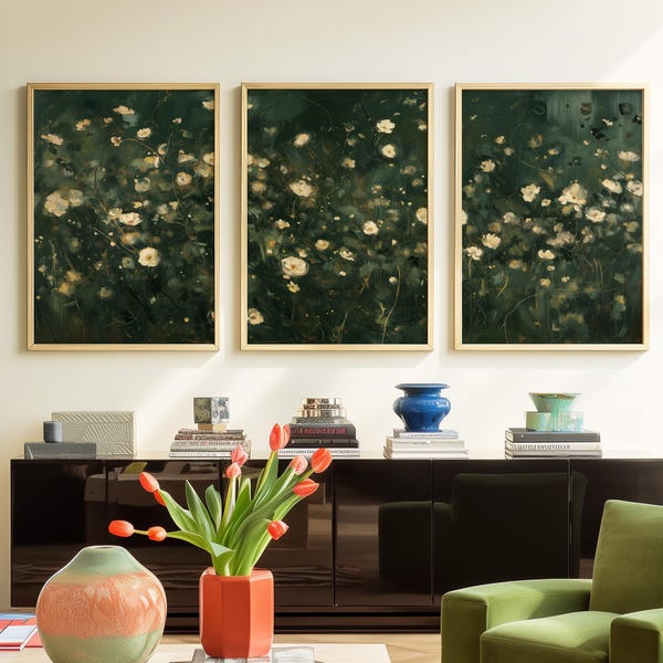 Dark Green Botanical Prints Set of 3, Abstract Floral Spring Art, Large Modern Triptych for Flower Gallery Wall Decor Lush House 80
