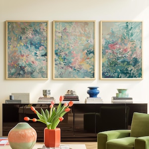 Cuadro de pared de tres piezas, pintura al óleo abstracta en tonos pastel, juego de 3 láminas grandes, conjunto de galería, tríptico de decoración en verde salvia y rosa 92