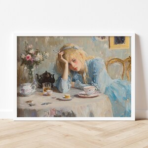 Alice cresciuta, ragazza che fuma opere d'arte antiche, pittura a olio di ritratto di donna vintage, stampa artistica da parete di sigarette realista contemporaneo CA804