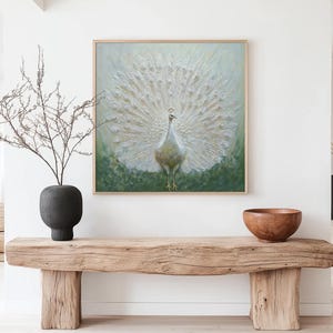 Dipinto ad olio di pavone bianco, stampa artistica quadrata grande con texture 3D, elegante decorazione da parete con animali selvatici, regalo di uccelli maestosi Lush House CA828