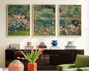 Garden Pond Oil Painting Print, Traditional Art Set of 3, Vintage Abstract Triptych, Living Room Artwork Prints Lush House 597