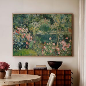 Vintage Garden Pond Oil Painting, Traditional Abstract Art Print, Botanical Landscape Prints, Impressionist Sage Green Wall Decor 597