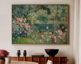 Vintage Garden Pond Oil Painting, Traditional Abstract Art Print, Botanical Landscape Prints, Impressionist Sage Green Wall Decor 597