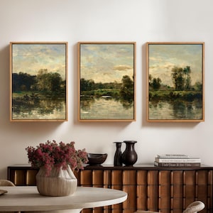 Vintage Landschafts Triptychon Print 3er Set, Salbeigrün Antike Fluss Garten Ölgemälde Kunst 1232