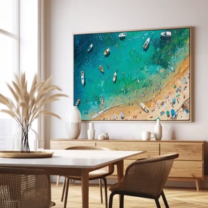 Luftbild Strandschirm Ölgemälde, Haus am See Bootfahren Kunst, Küstenlandschaft Sommer Wanddekoration, Meerwasser, CA594