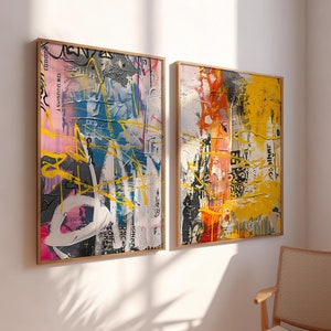 Pintura de graffiti amarillo Arte de pared abstracto moderno Conjunto de 2 impresiones, pintura en aerosol Impresión de tinta Arte de lienzo contemporáneo moderno GA719