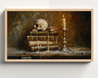 Arte de TV con marco de Halloween vintage, pintura al óleo de calavera de Dark Academia sobre libros, decoración de esqueleto espeluznante embrujado, protector de pantalla de mal humor TV948