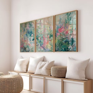 Three Piece Wall Art, Pastel Abstract Oil Painting, Set of 3 Large