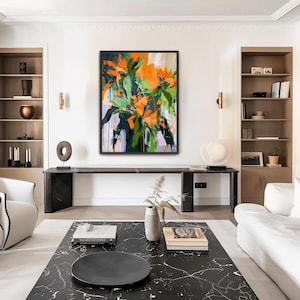 Arte mural abstracto giclée, impresión artística original moderna de mediados de siglo con flores tropicales abstractas, pintura al óleo de gran tamaño, arte abstracto de gran tamaño.