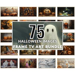 May include: A collage of 75 Halloween images for a frame TV art bundle. The images feature various Halloween themes, including pumpkins, ghosts, witches, skeletons, and haunted houses.
