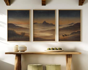 Desert Landscape 3 Piece Wall Art, Western Oil Painting Set of Three Prints, Sand Dune Cowboy, Rodeo Horseback Riding Equestrian Decor 1143