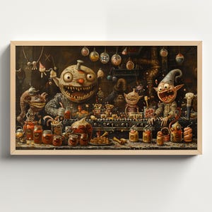 May include: A painting of a group of whimsical creatures in a shop setting. The creatures are green, brown, and white with large eyes and wide mouths. They are surrounded by jars of colorful liquids and other strange objects. The painting is done in a dark, whimsical style.