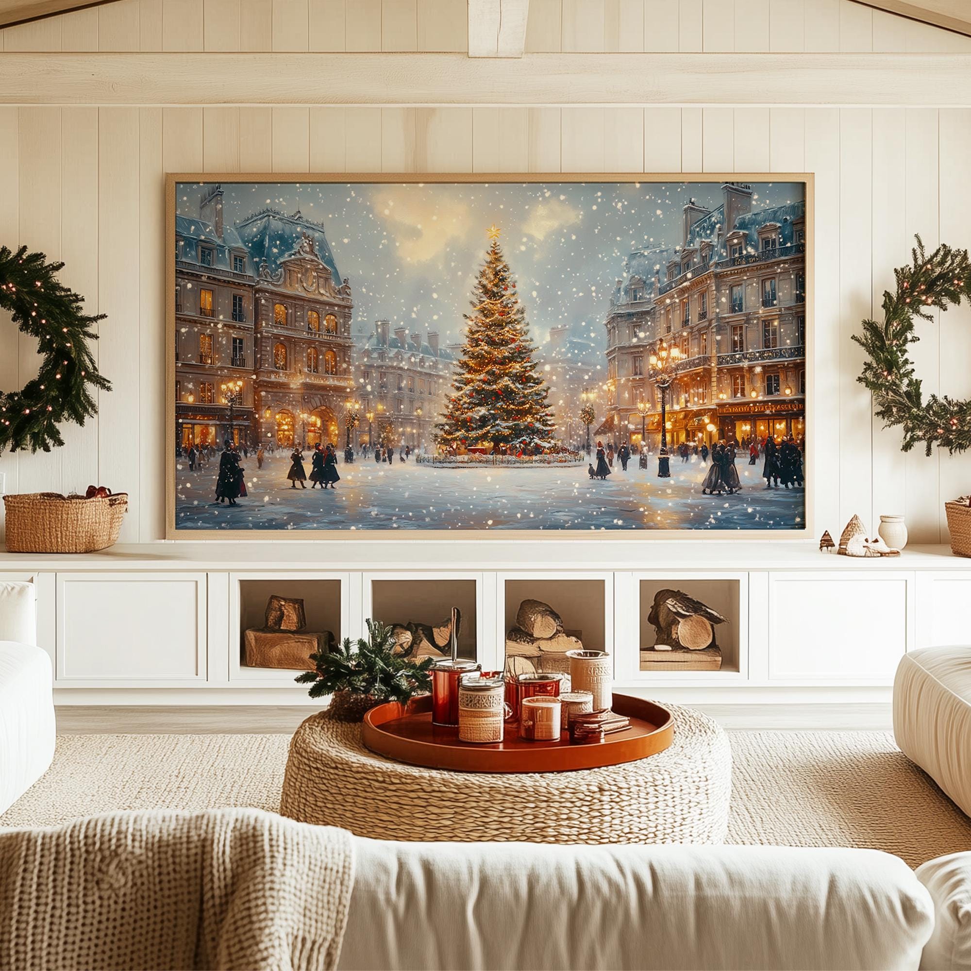 ロンドンのクリスマス油絵、ヴィンテージクリスマスツリーフレーム