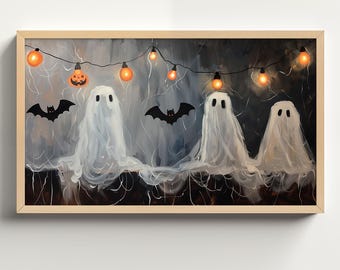 Marco de Halloween para TV, luces de cadena con murciélagos y fantasmas, decoración divertida y espeluznante, luz de calabaza con forma de Jack O Lantern, papel tapiz apto para niños TV910